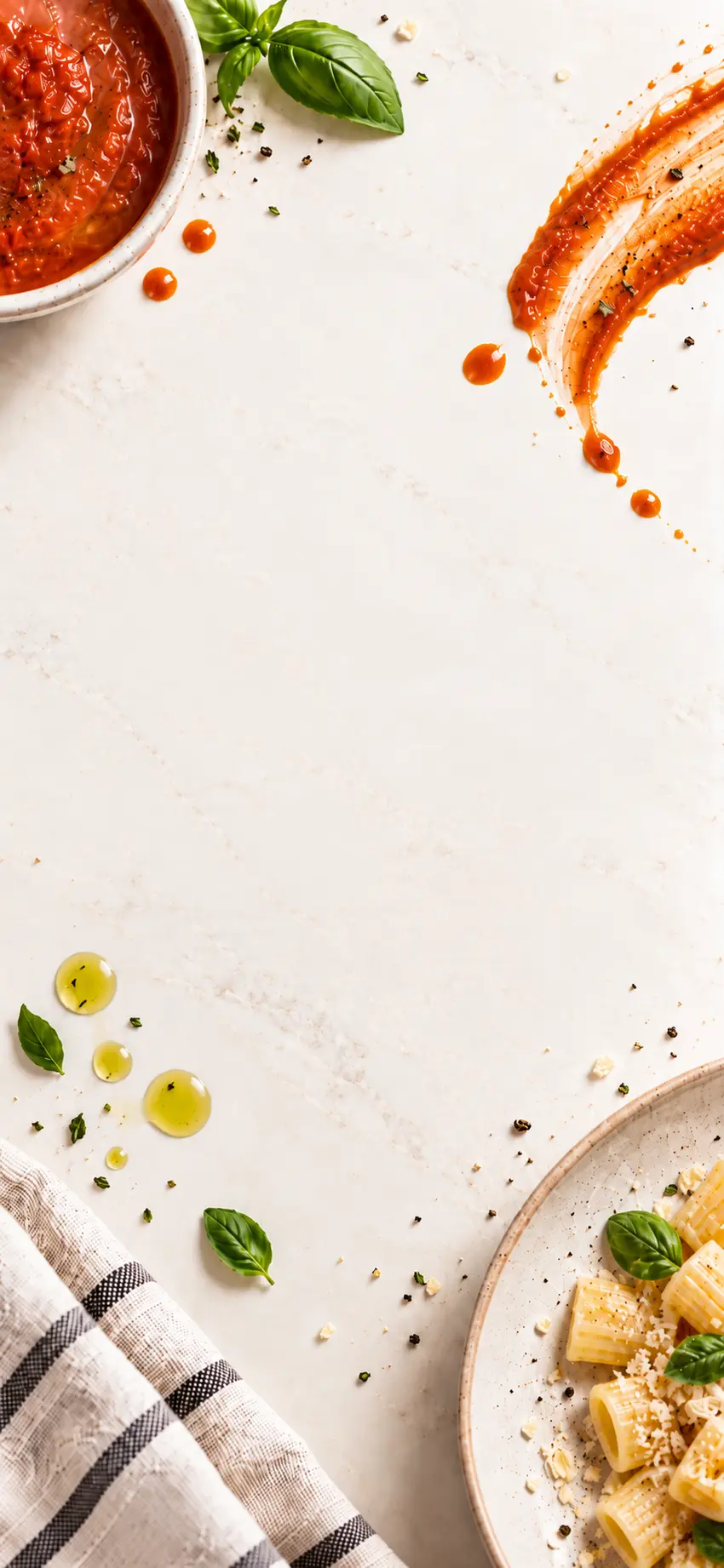 Tomato sauce, basil, and pasta on a kitchen counter